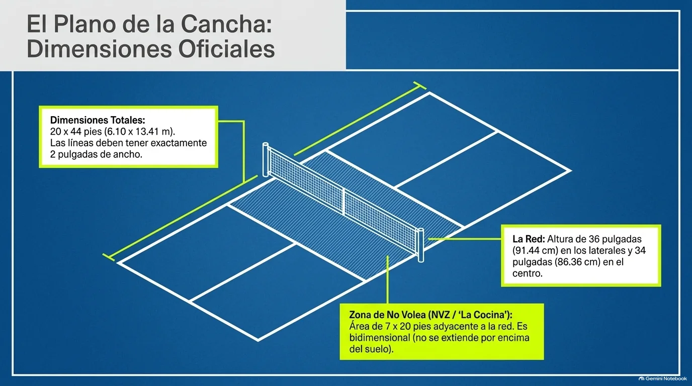Plano de una pista de pickleball con sus dimensiones oficiales.