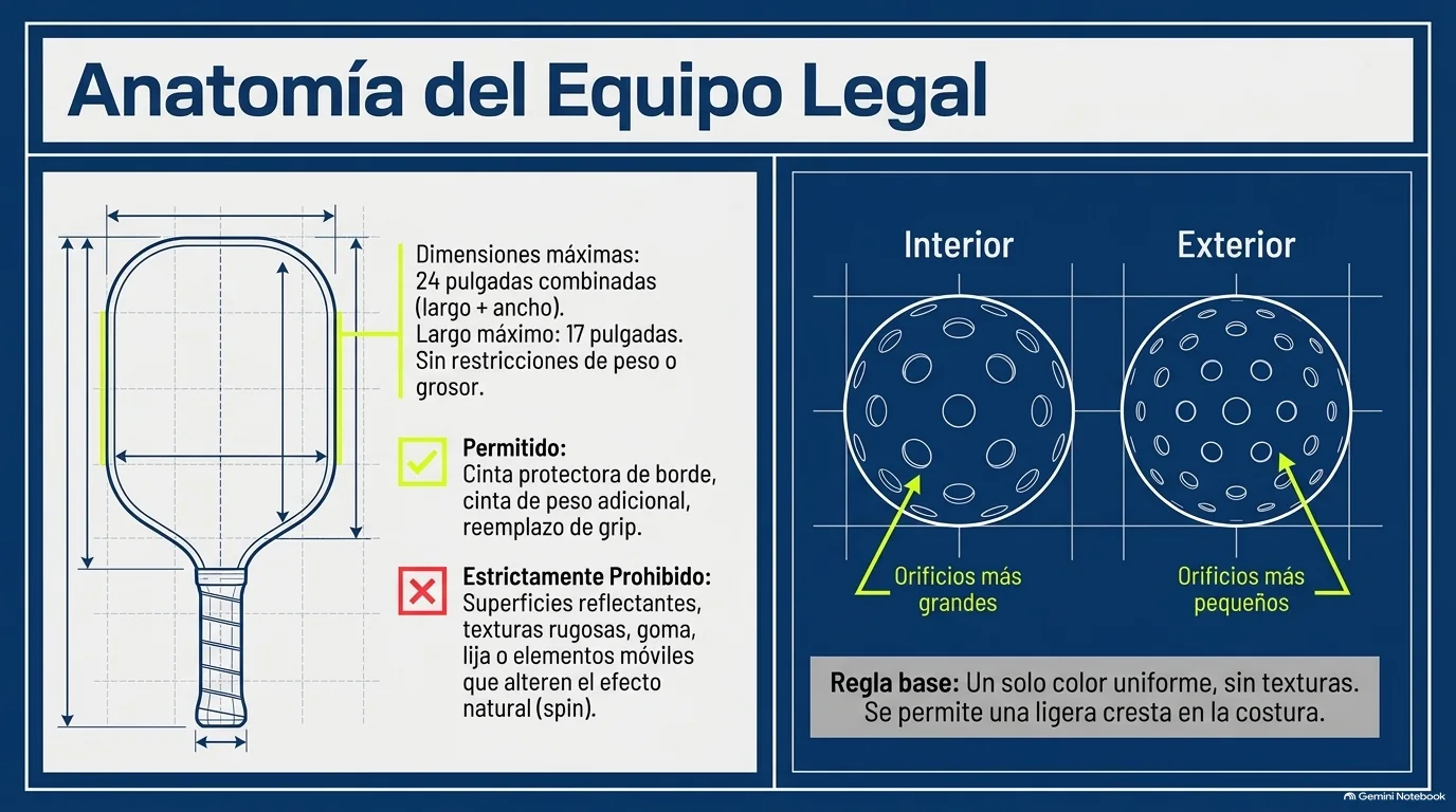 Especificaciones de palas y pelotas legales.