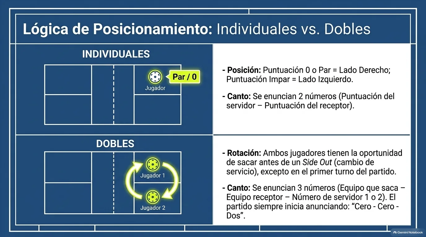 Posicionamiento y canto del marcador en singles y dobles.
