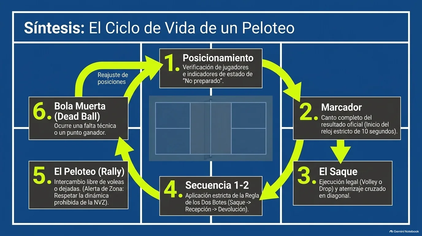 El ciclo de un peloteo desde la posición hasta la bola muerta.